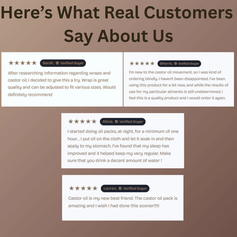 Customer testimonials for Hearth & Flora castor oil pack showing five-star verified reviews
