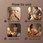 How to use Hearth & Flora castor oil pack - 4 step guide: apply oil on belly, place wrap on body, wrap and fasten, relax 30-60 minutes