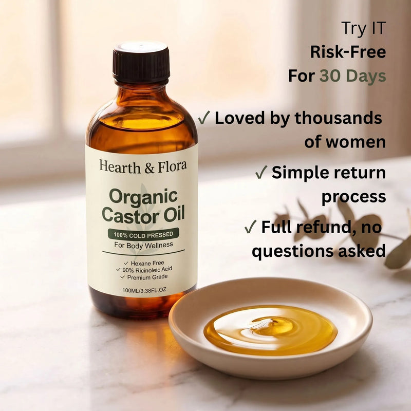 Hearth & Flora organic castor oil bottle with 30-day risk-free guarantee: loved by thousands, simple returns, full refund